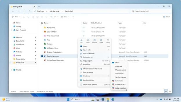 Microsoft 365 kullanıcıları Dosya Gezgini'ndeki OneDrive Files için Copilot Eylemleri Alın