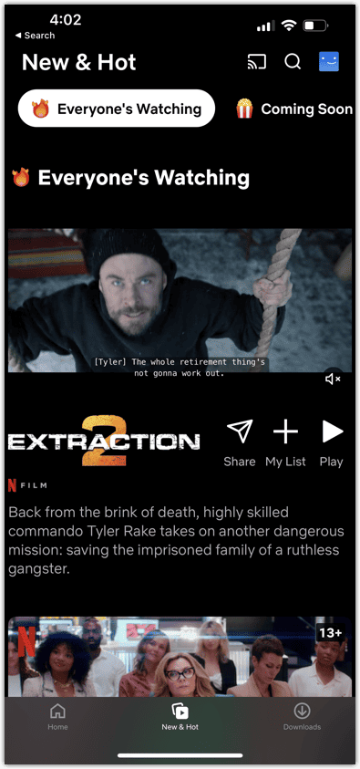 Screenshot of the Netflix iPhone app's screen showing a thumbnail of the movie Extraction 2.
